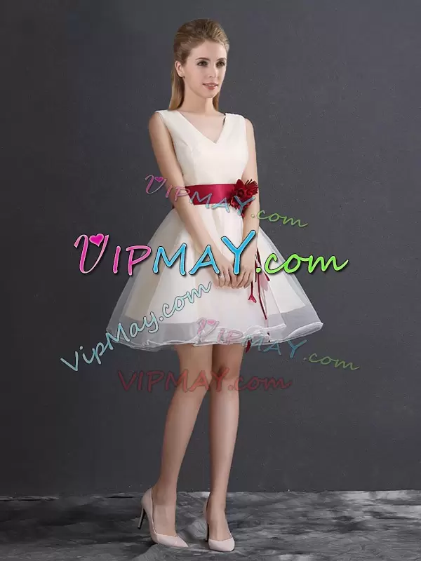 Sleeveless V Neck Lace Up Mini Length Hand Made Flower Wedding
