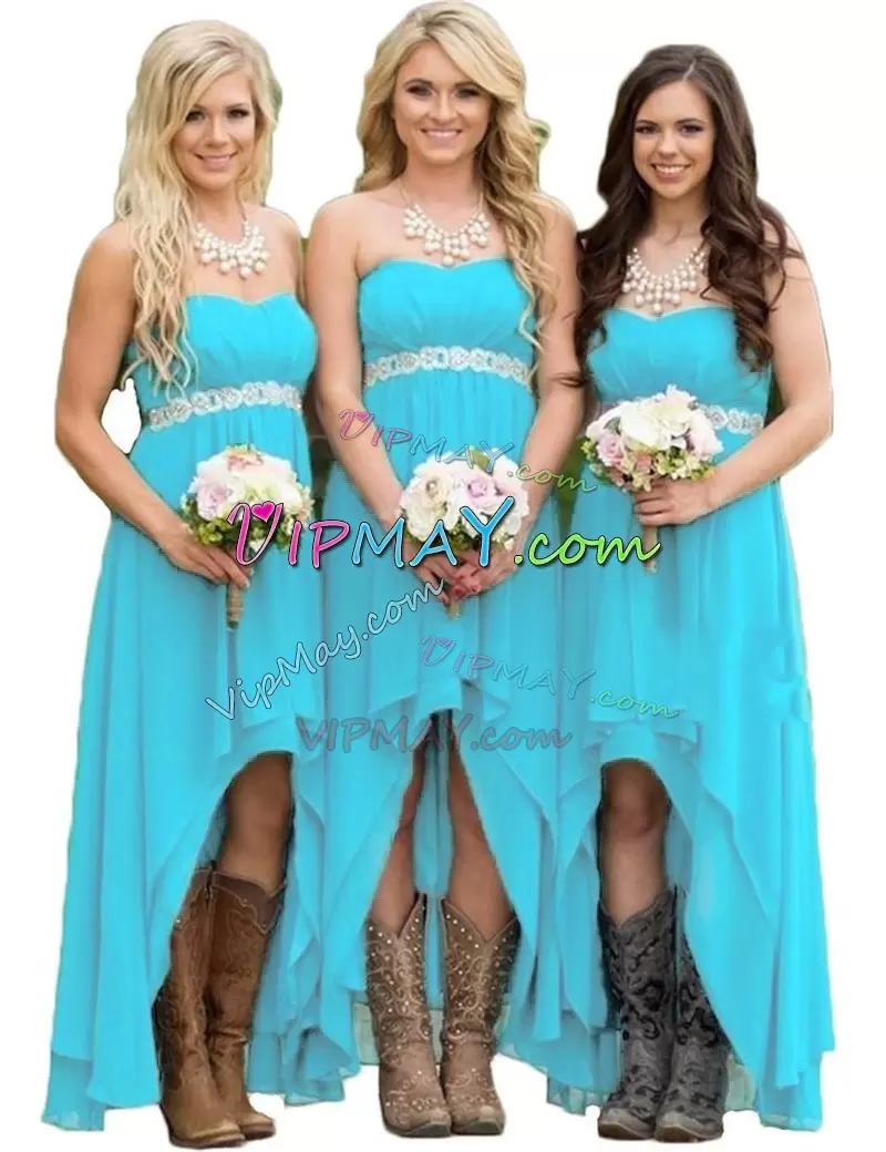 Ideal Turquoise Chiffon Zipper Sweetheart Sleeveless High Low