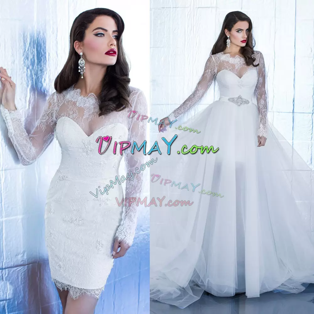 Top Selling White Two Pieces Lace Wedding Gowns Lace Up Tulle Long