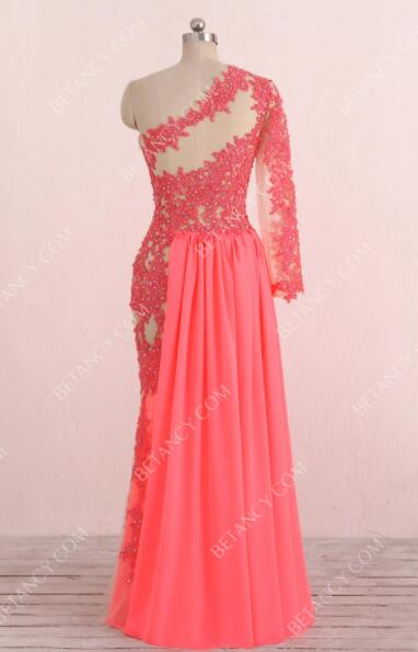 Sexy Floor Length Watermelon Red Evening Dress Chiffon Sweep Train