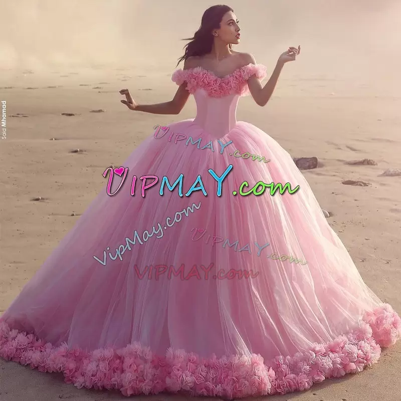Cinderela Pink Off The Shoulder Hand Made Flower Quinceanera Dress